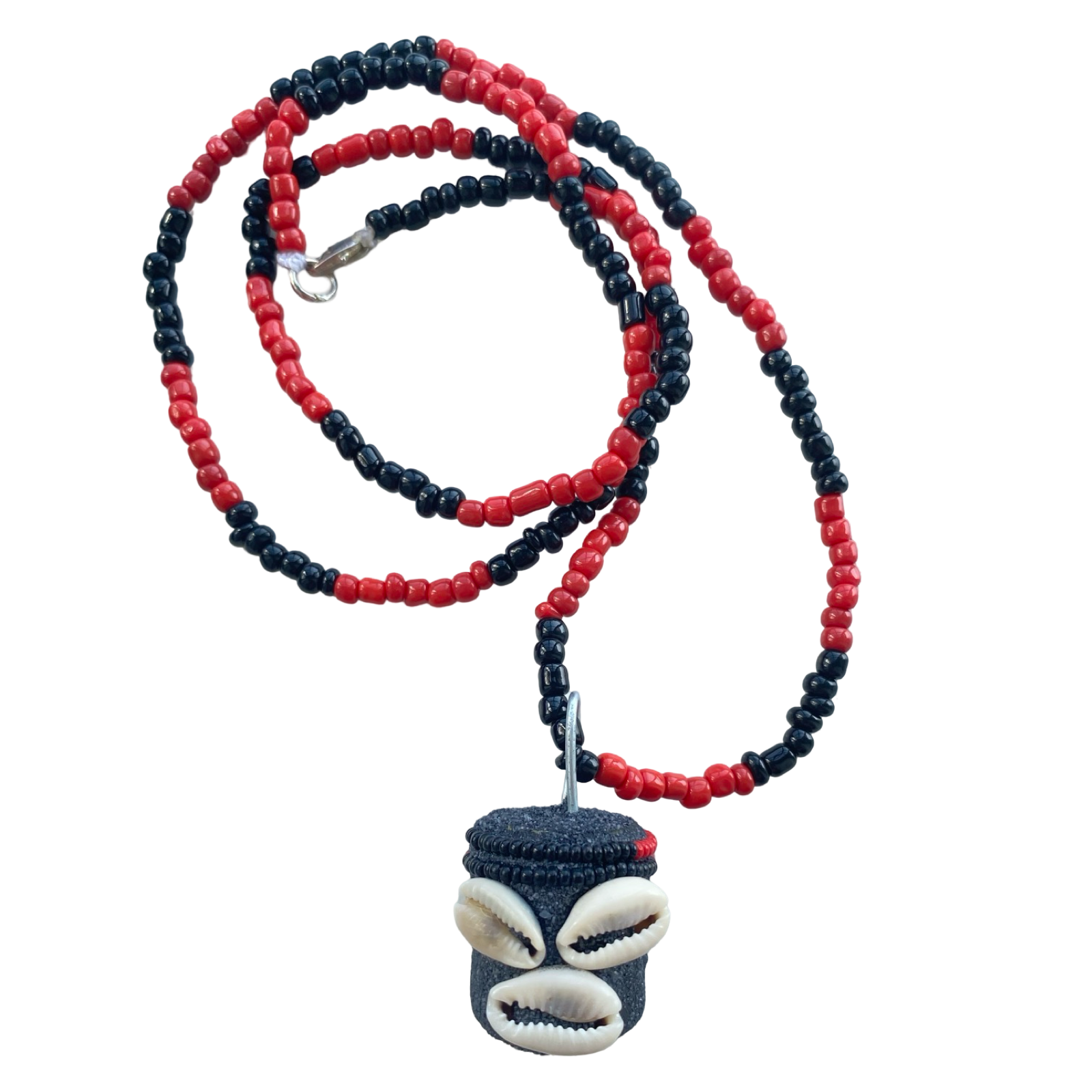 Eleguá (Camino General) Eleke necklace crafted with authentic crystal and glass beads in red and black, featuring a head pendant.