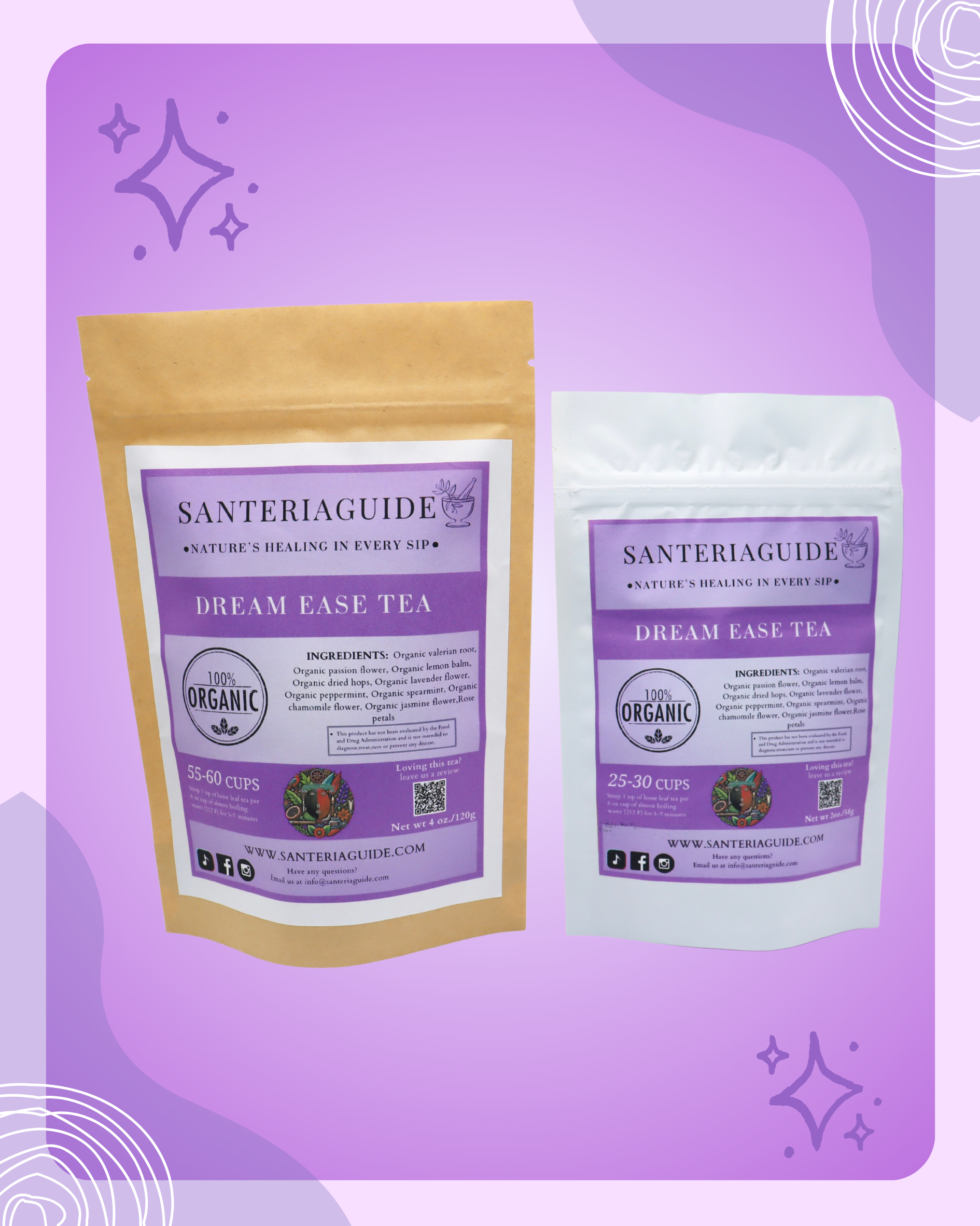 Two packages of SanteriaGuide Dream Ease Tea are displayed against a purple background with decorative elements. The left package is larger and yellow, while the right package is smaller and white. Both packages feature purple labels that include organic certification and details about ingredients designed for restful sleep.