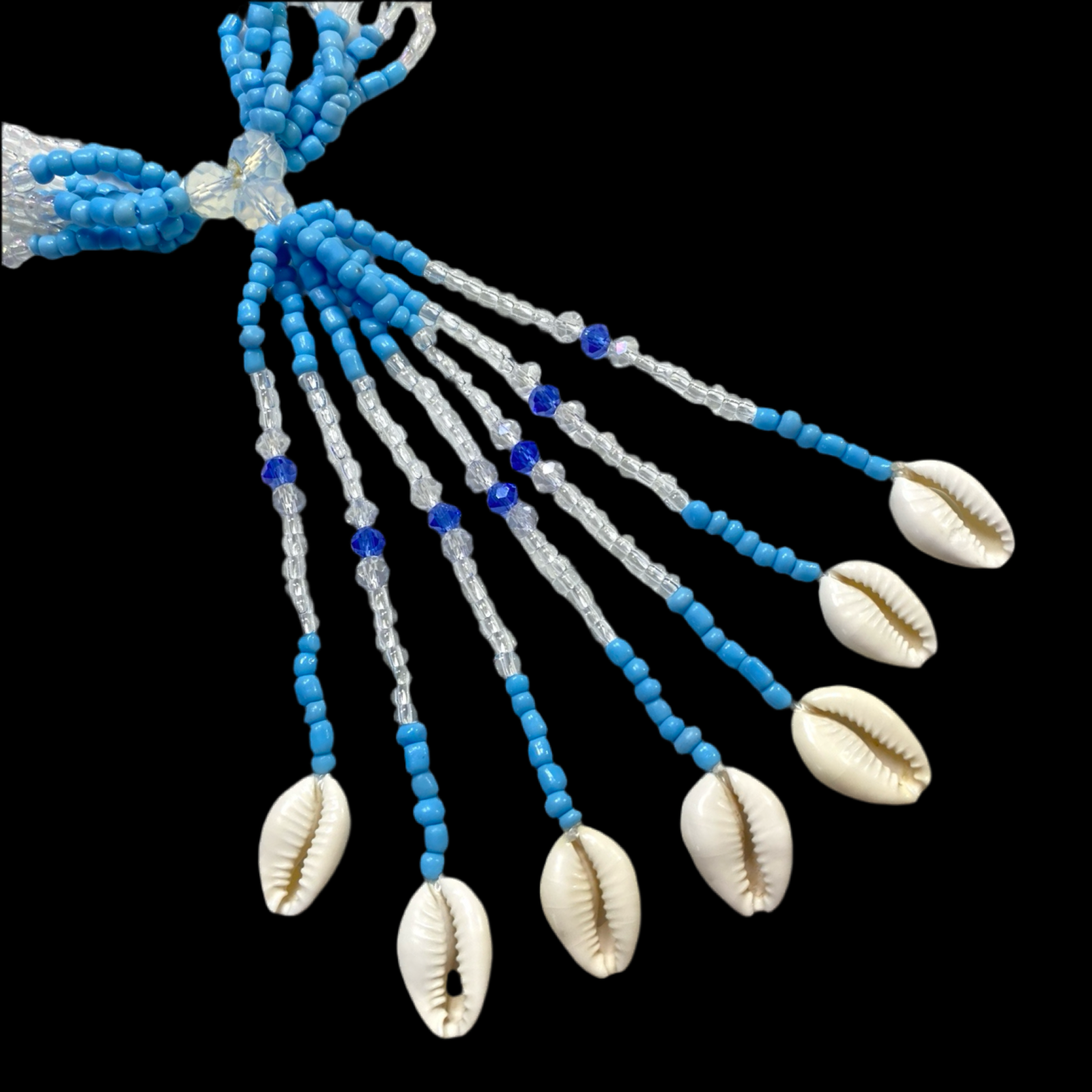 A crystal mazo de Yemayá Asesú with blue, white, and green beads, and symbols such as jars, fish, and waves, used for spiritual and ceremonial purposes.