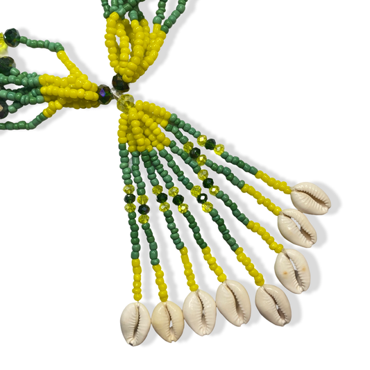 Mazo de Orunmila with green and yellow beads crafted with authentic crystal and glass.