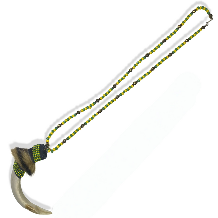 Orula Eleke – Green & Yellow Beads with Tooth, Fur & Gold Accents