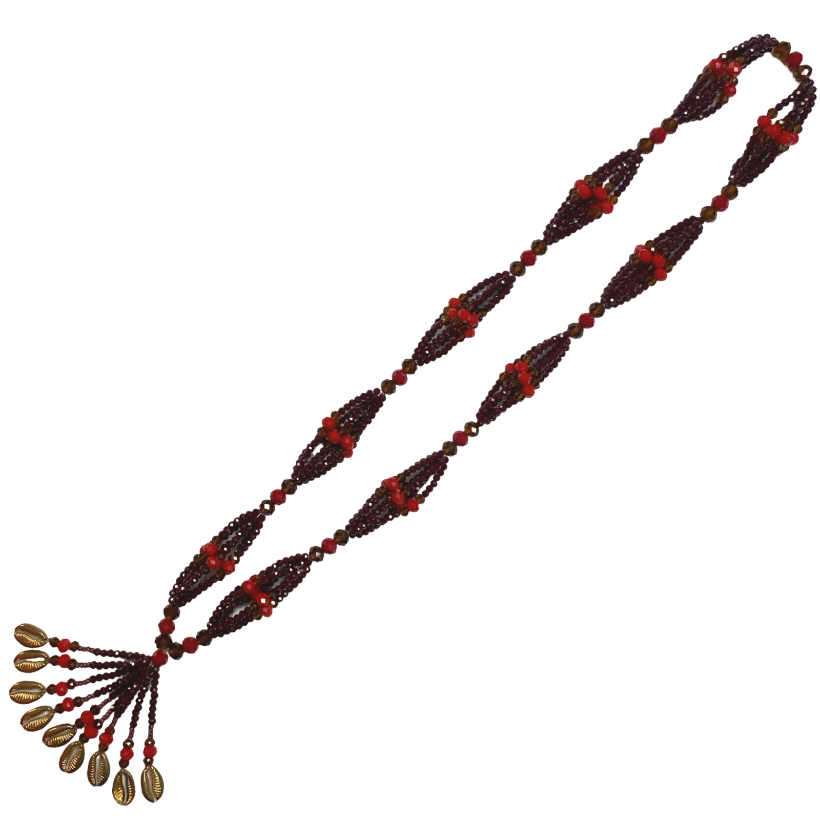  Oyá ceremonial Collar de Gala made with maroon and red beads with silver accents.