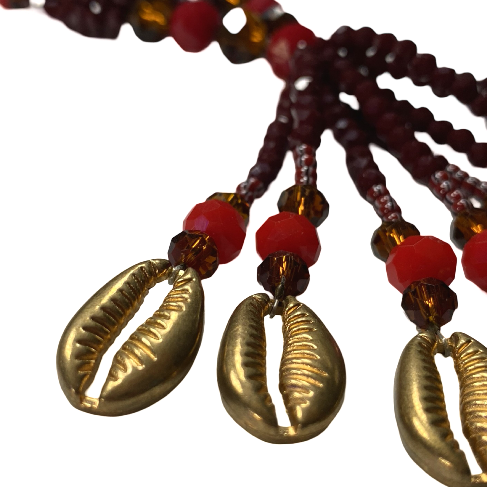 Side view of Oyá Collar de Gala with maroon and red beads and silver accents.