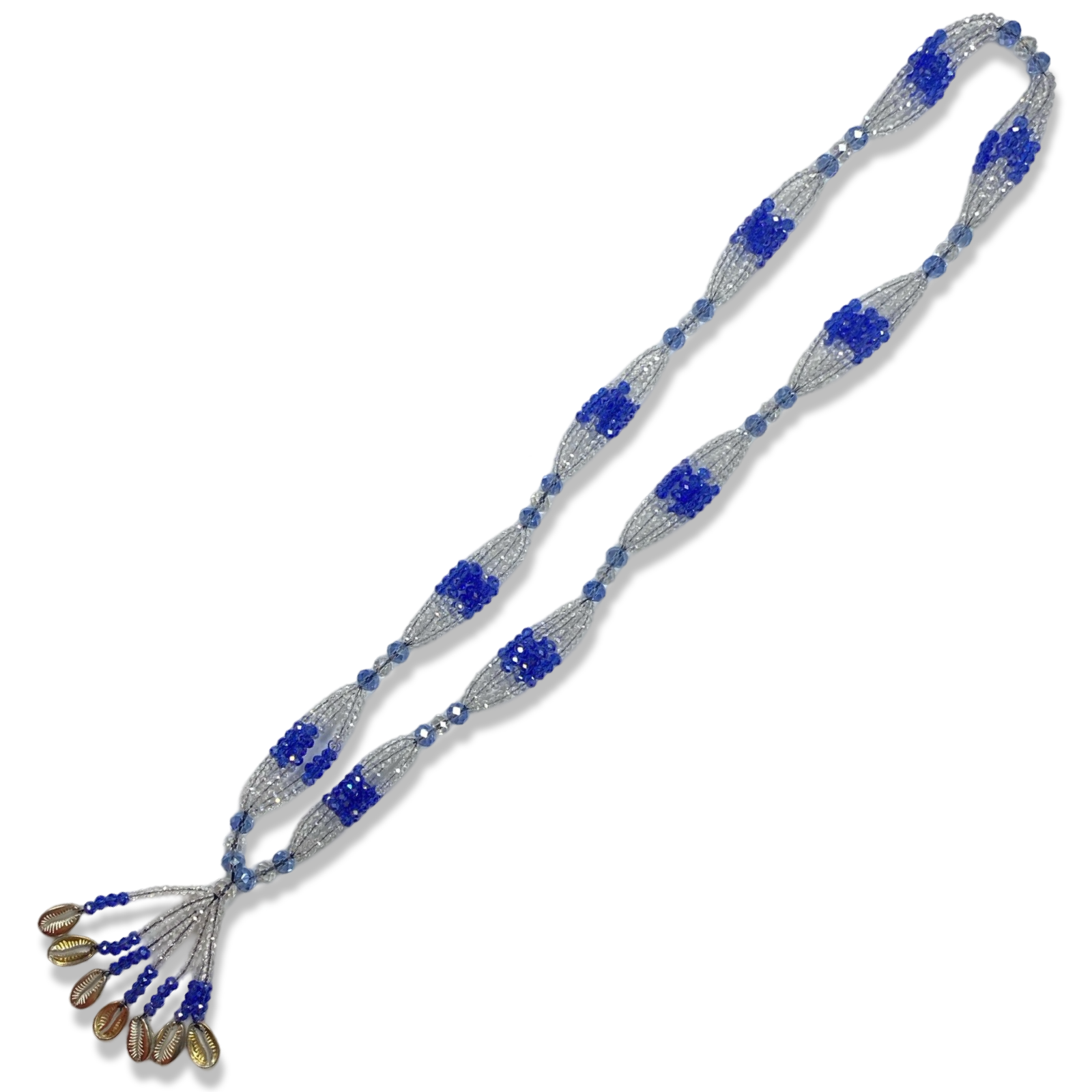  Yemayá Asesú ceremonial Collar de Gala made with clear and blue beads and silver seashells.