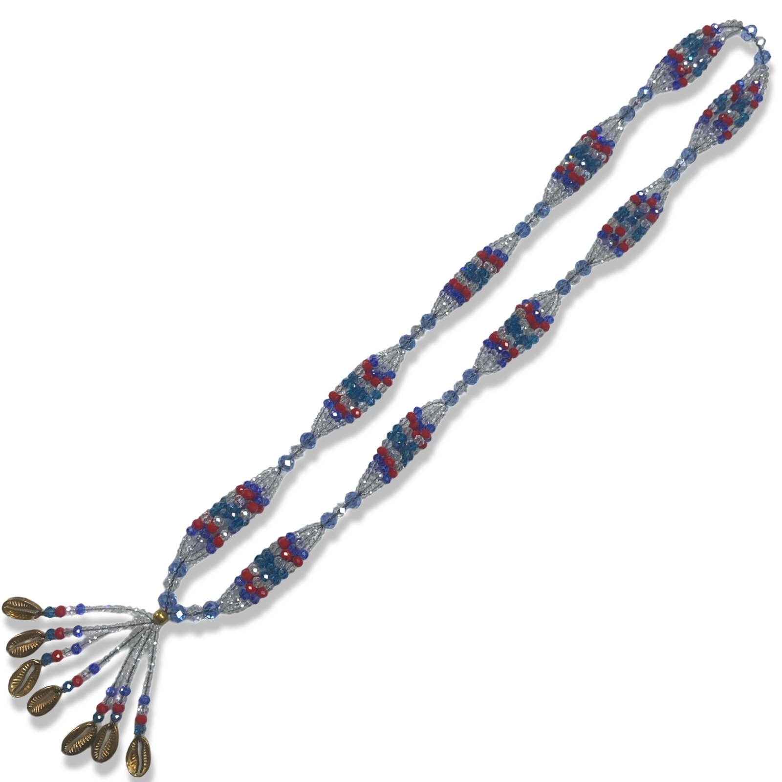 Yemayá Ashaba ceremonial Collar de Gala made with clear, blue, light blue, and red beads, seashells, and silver accents.