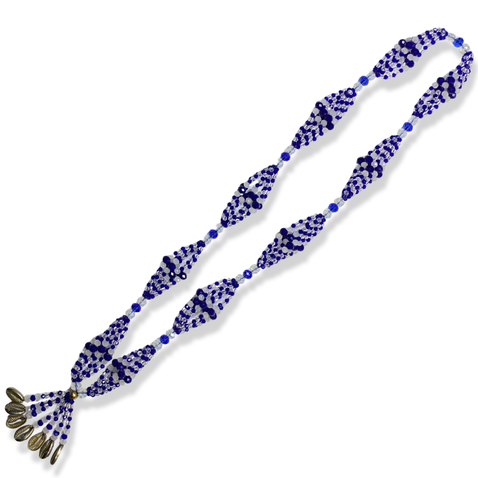 Yemayá ceremonial Collar de Gala made with clear and blue beads with silver accents.