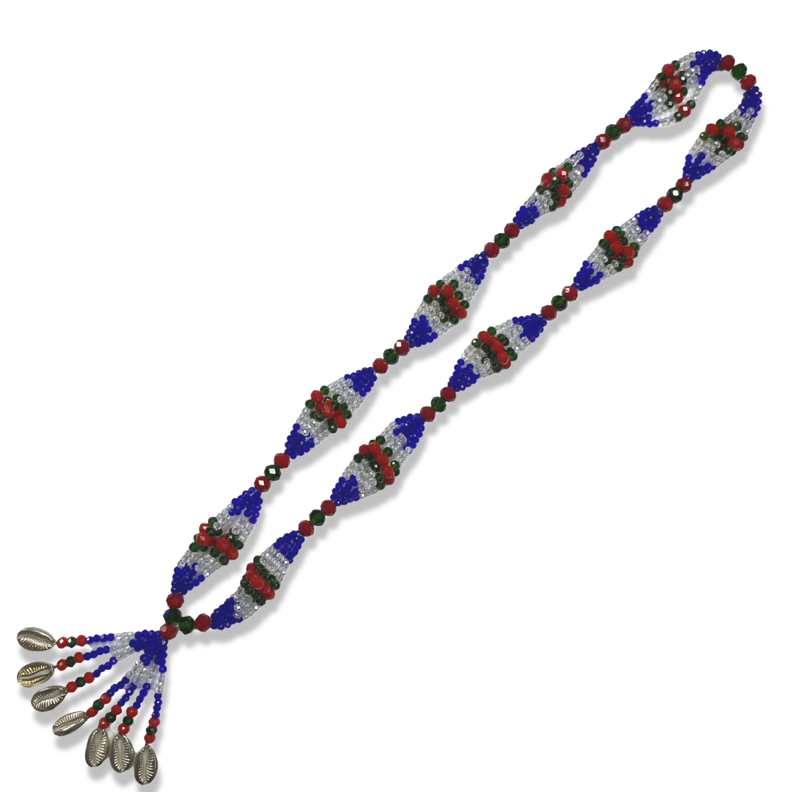 Yemayá Mayelewó ceremonial Collar de Gala made with blue, clear, green, and red beads, seashells, and golden accents.