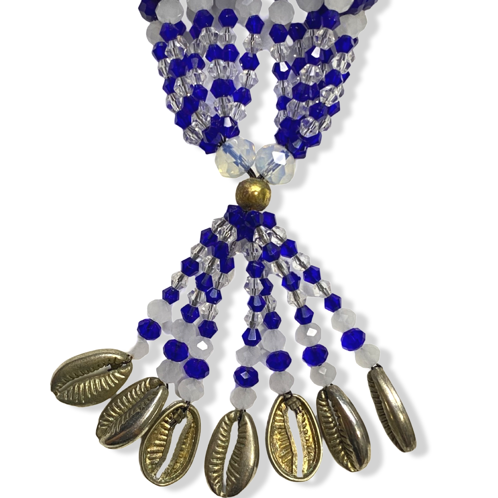 Side view of Yemayá Collar de Gala with clear and blue beads and silver accents.